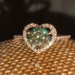 White Gold Filled Green One Carat Moissanite Halo Heart Ring Size 8